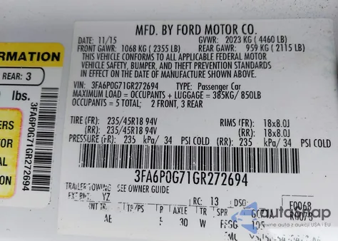 2016 Ford Fusion S z USA, uszkodzony, nr VIN 3FA6P0G71GR272694